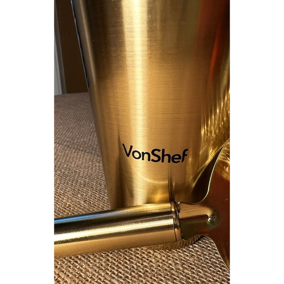 VonShef Brushed Gold Stainless Steel Cocktail Shaker and Strainer - Picture 2 of 12